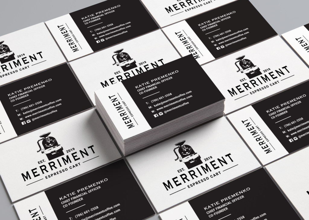 Business cards featuring a coffee roaster for the newly rebranded Merriment Coffee