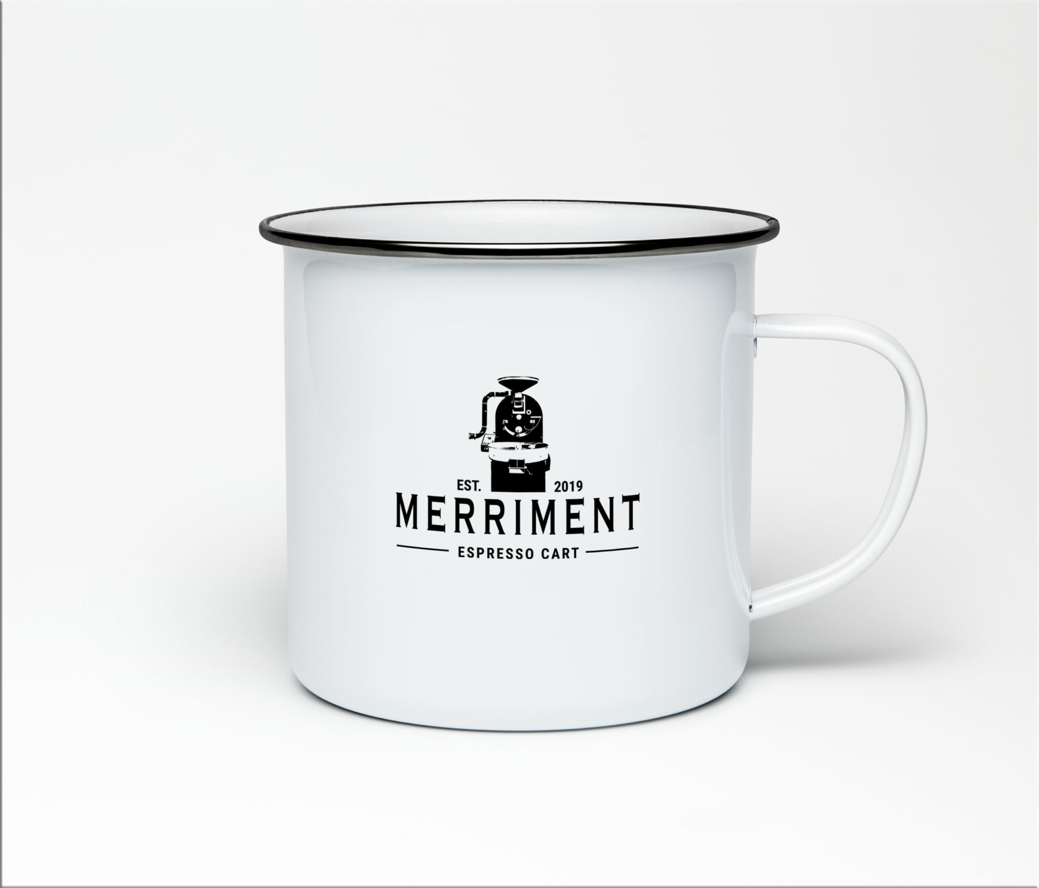 coffee mug of a freshly created visual identity for Merriment Coffee