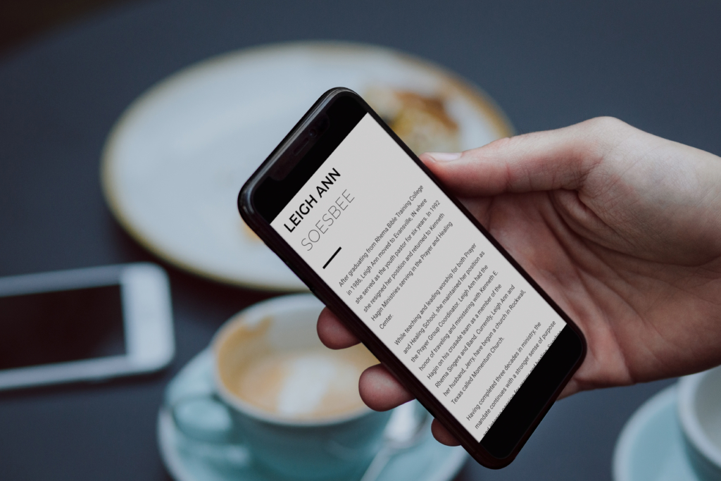 Cell phone mockup featuring the biography for Leigh Ann Soesbee