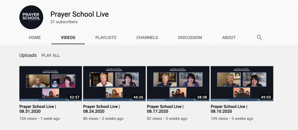 Youtube screenshot featuring the previous livestreams conducted for Prayer School Live